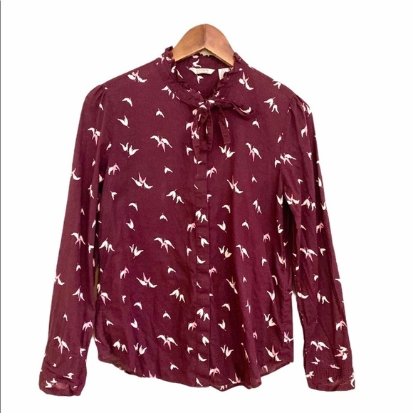 Dockers Button Tie Collar Maroon Bird Print Button Up Long Sleeve Blouse - Picture 1 of 7